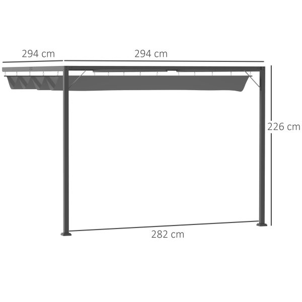 3x3m Pergola Retractable Canopy Wall Mounted Gazebo Sun Shade, Grey - Image 3