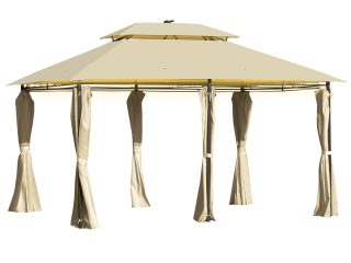 4 x 3m Outdoor Tent Garden Pavilion LED Solar Light Steel Frame, Khaki