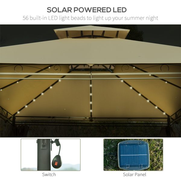 4 x 3m Outdoor Tent Garden Pavilion LED Solar Light Steel Frame, Khaki - Image 4