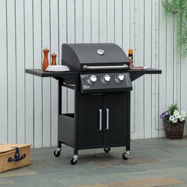 3 Burner Gas BBQ Grill Portable Barbecue Trolley Warming Rack Storage Cabinet - Image 2