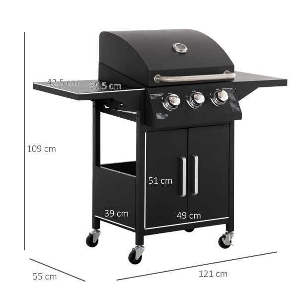 3 Burner Gas BBQ Grill Portable Barbecue Trolley Warming Rack Storage Cabinet - Image 3
