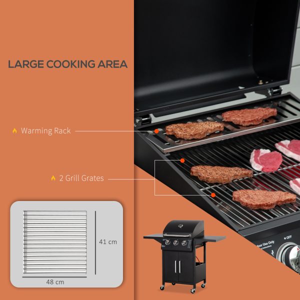 3 Burner Gas BBQ Grill Portable Barbecue Trolley Warming Rack Storage Cabinet - Image 4