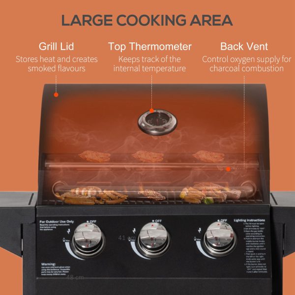 3 Burner Gas BBQ Grill Portable Barbecue Trolley Warming Rack Storage Cabinet - Image 5