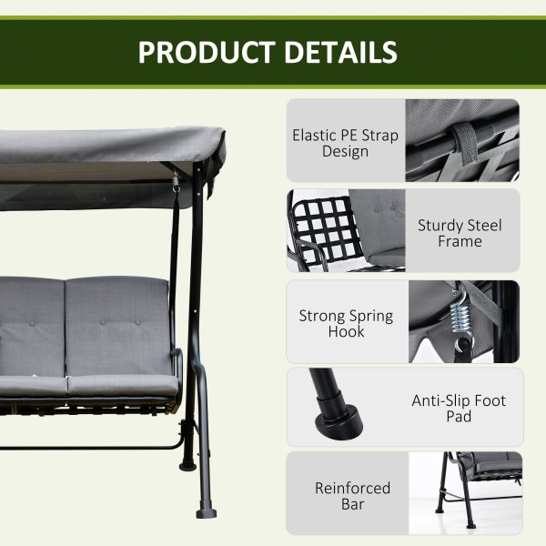 3 Seater Swing Chairs Thick Padded Seat Hammock Canopy Bench Bed - Grey - Image 7