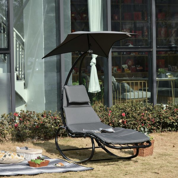 Patio Rocking Chaise Lounge Rocking Bed with Canopy Cushion Headrest Pillow - Image 2