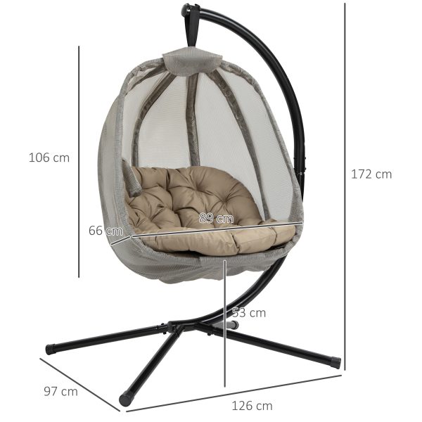Hanging Egg Chair, Swing Hammock with Cushion and Stand, Khaki - Image 3