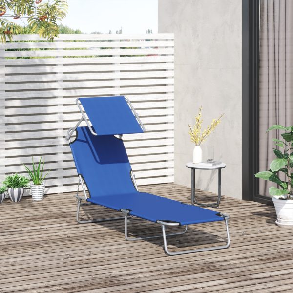 Reclining Chair Folding Lounger Seat & Sun Shade Awning Beach, Blue - Image 2