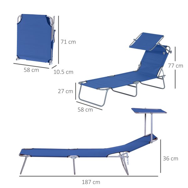 Reclining Chair Folding Lounger Seat & Sun Shade Awning Beach, Blue - Image 3