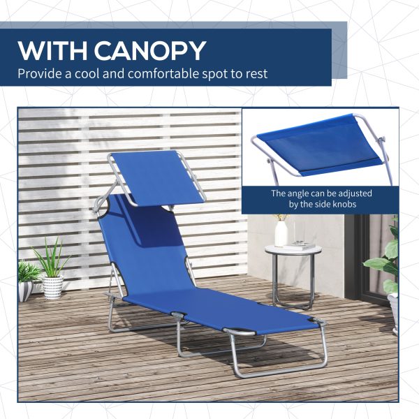 Reclining Chair Folding Lounger Seat & Sun Shade Awning Beach, Blue - Image 6