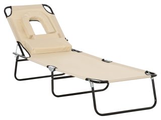 Sun Lounger Foldable Reclining Chair & Reading Hole Recliner Adjustable, Beige