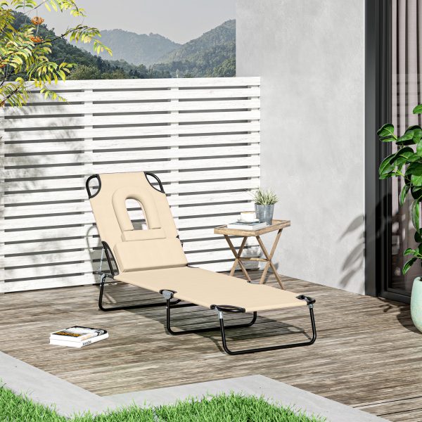 Sun Lounger Foldable Reclining Chair & Reading Hole Recliner Adjustable, Beige - Image 2