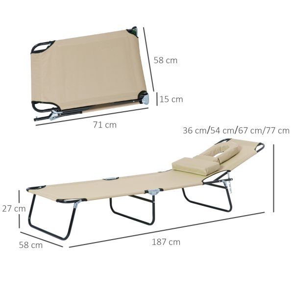 Sun Lounger Foldable Reclining Chair & Reading Hole Recliner Adjustable, Beige - Image 3