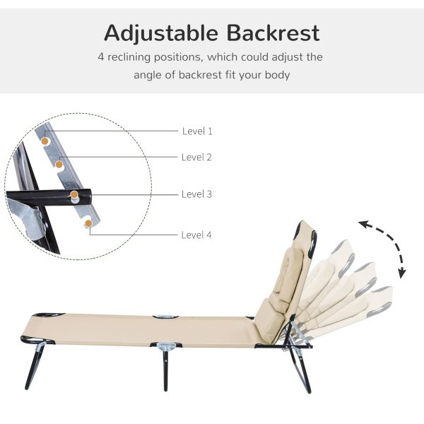 Sun Lounger Foldable Reclining Chair & Reading Hole Recliner Adjustable, Beige - Image 4