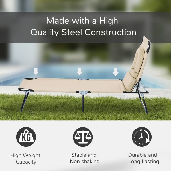 Sun Lounger Foldable Reclining Chair & Reading Hole Recliner Adjustable, Beige - Image 6