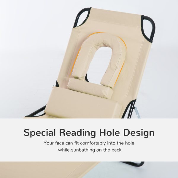 Sun Lounger Foldable Reclining Chair & Reading Hole Recliner Adjustable, Beige - Image 7