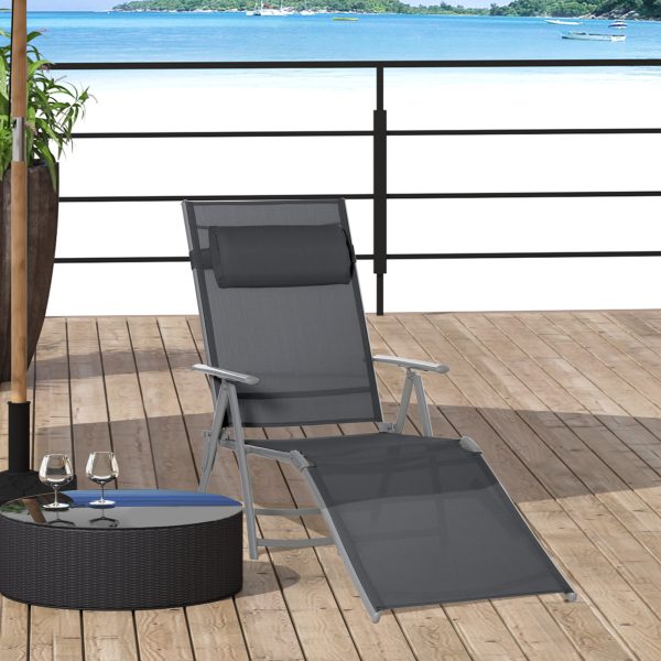 Sun Lounger Folding Chaise Chair Recliner & 7 Adjustable Backrest -  Dark Grey - Image 2