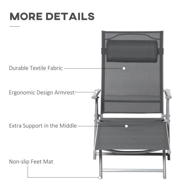 Sun Lounger Folding Chaise Chair Recliner & 7 Adjustable Backrest -  Dark Grey - Image 5