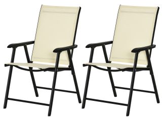 Set of 2 Foldable Metal Garden Chairs Dining Seat Yard Furniture Beige
