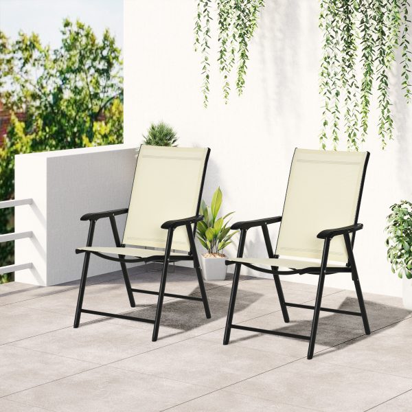 Set of 2 Foldable Metal Garden Chairs Dining Seat Yard Furniture Beige - Image 2