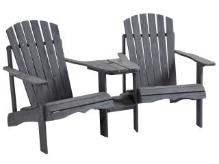 Wooden Double Adirondack Chairs Loveseat & Center Table & Umbrella Hole, Grey