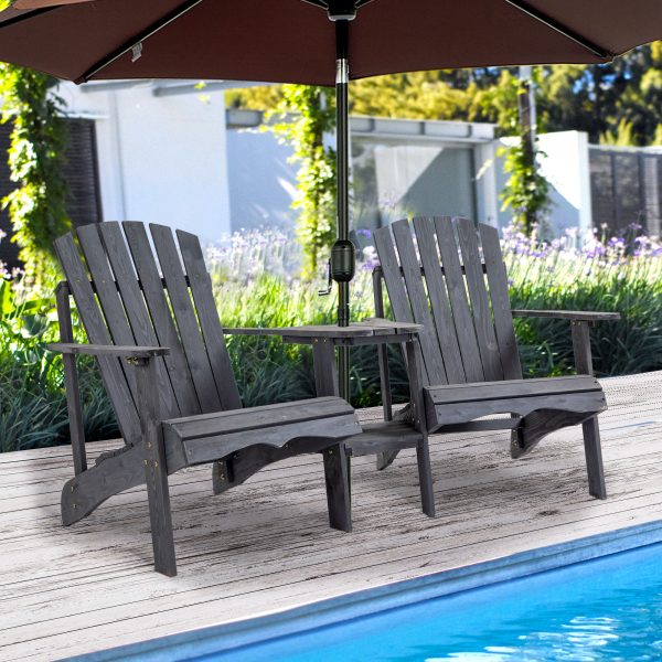 Wooden Double Adirondack Chairs Loveseat & Center Table & Umbrella Hole, Grey - Image 2