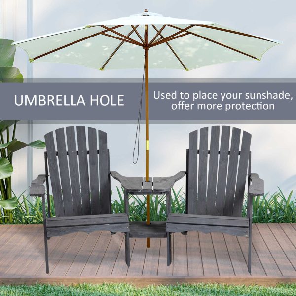 Wooden Double Adirondack Chairs Loveseat & Center Table & Umbrella Hole, Grey - Image 4