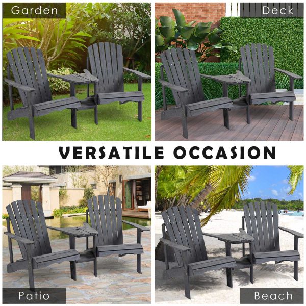 Wooden Double Adirondack Chairs Loveseat & Center Table & Umbrella Hole, Grey - Image 7