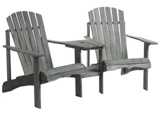 Wooden Double Adirondack Chairs Loveseat & Center Table & Umbrella Hole, Grey