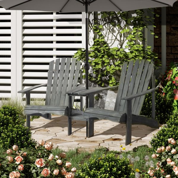Wooden Double Adirondack Chairs Loveseat & Center Table & Umbrella Hole, Grey - Image 2