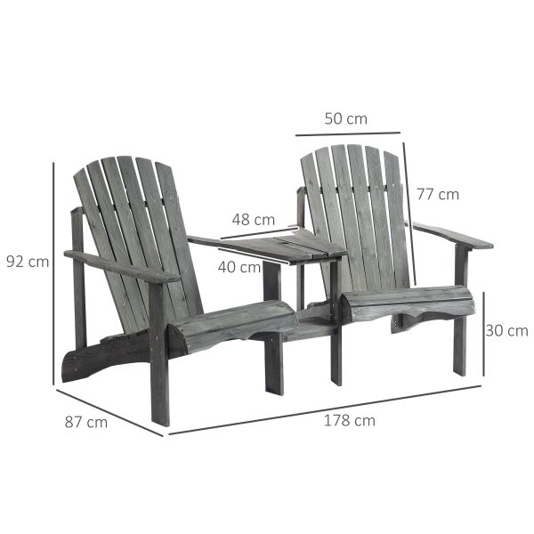 Wooden Double Adirondack Chairs Loveseat & Center Table & Umbrella Hole, Grey - Image 3