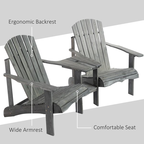 Wooden Double Adirondack Chairs Loveseat & Center Table & Umbrella Hole, Grey - Image 5
