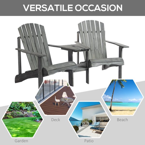 Wooden Double Adirondack Chairs Loveseat & Center Table & Umbrella Hole, Grey - Image 7