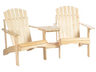 Wooden Double Adirondack Chairs Loveseat & Center Table & Umbrella Hole, Natural