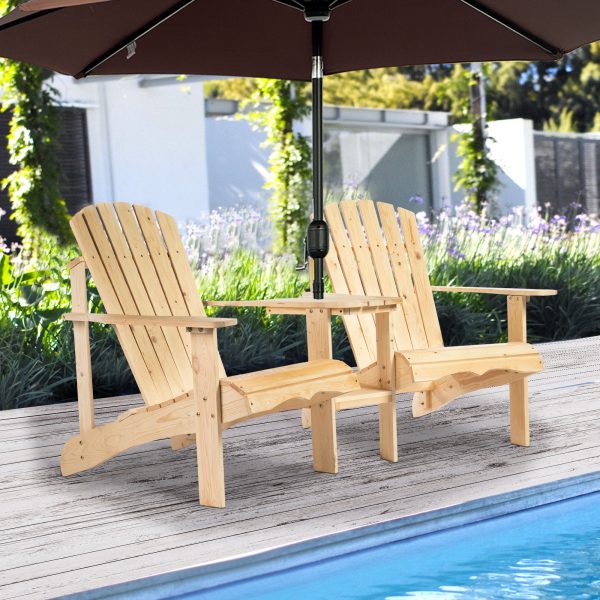 Wooden Double Adirondack Chairs Loveseat & Center Table & Umbrella Hole, Natural - Image 2