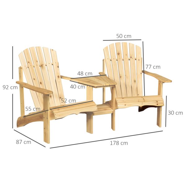 Wooden Double Adirondack Chairs Loveseat & Center Table & Umbrella Hole, Natural - Image 3