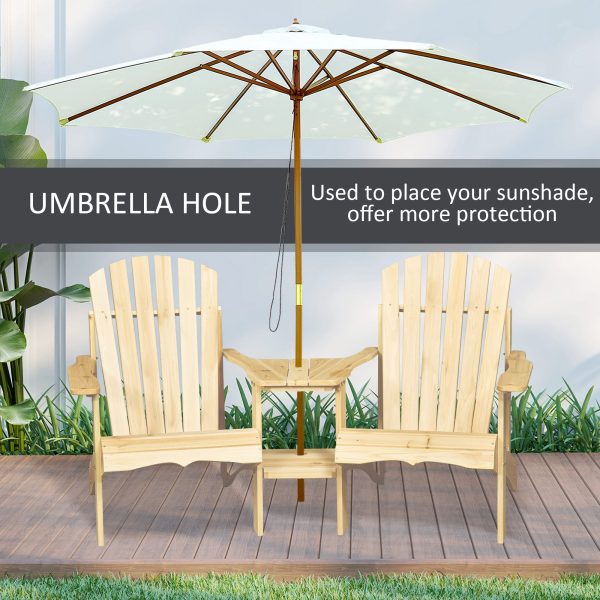 Wooden Double Adirondack Chairs Loveseat & Center Table & Umbrella Hole, Natural - Image 4