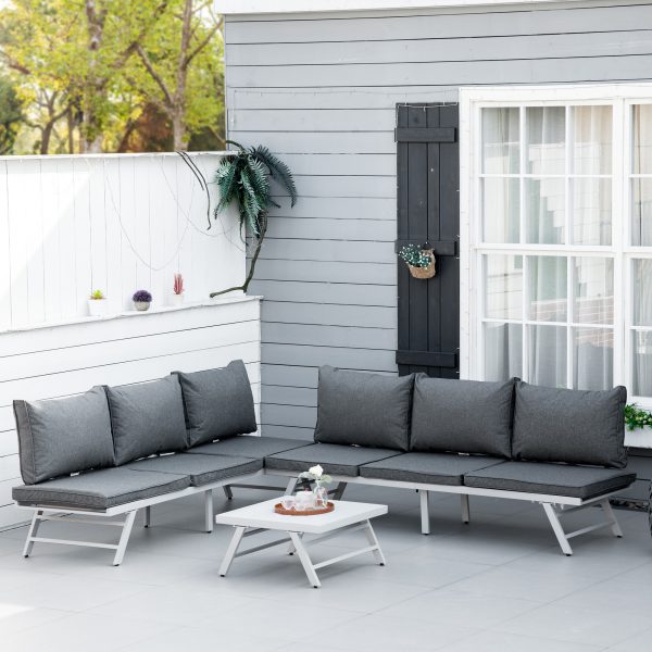 3Pc Garden Seating Set w/ Convertible Sofa Lounge Table Grey Coffee - Image 2