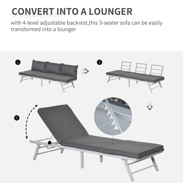 3Pc Garden Seating Set w/ Convertible Sofa Lounge Table Grey Coffee - Image 5