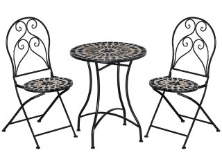 3PC Garden Bistro Set with Mosaic Tile Top and Seats, Metal Frame