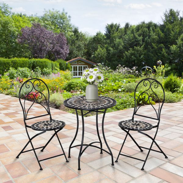 3PC Garden Bistro Set with Mosaic Tile Top and Seats, Metal Frame - Image 2