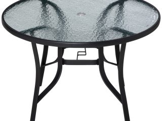 106cm Round Garden Dining Table with Parasol Hole Tempered Glass Top Steel Frame