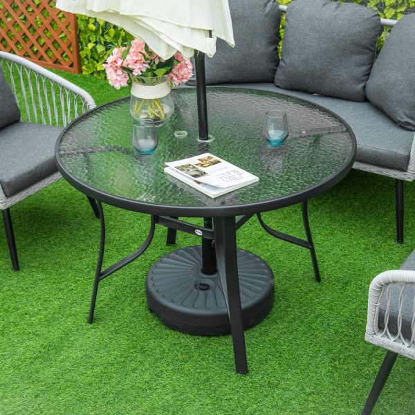 106cm Round Garden Dining Table with Parasol Hole Tempered Glass Top Steel Frame - Image 2