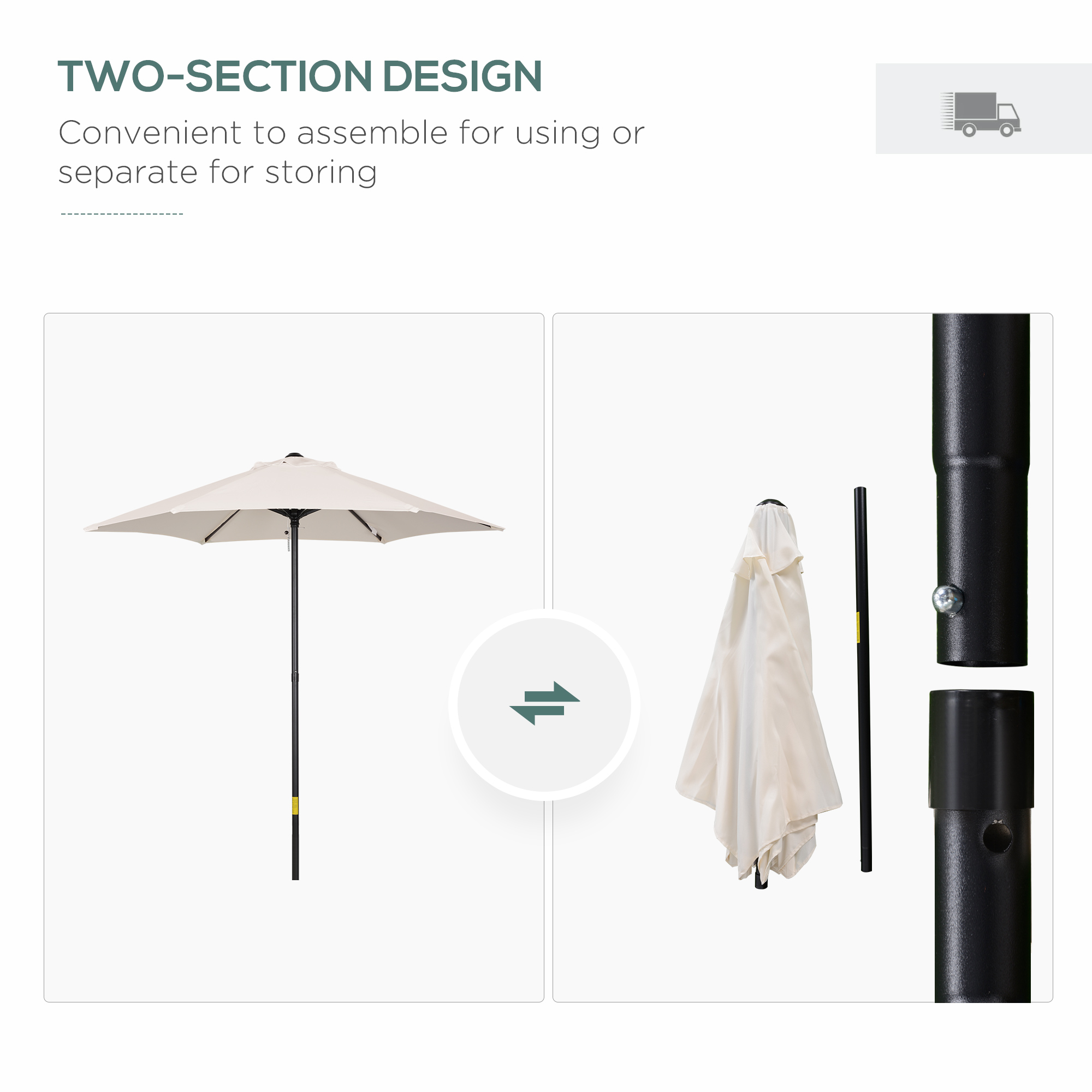 1.96m Parasol Patio Umbrella, Cream White - Image 4