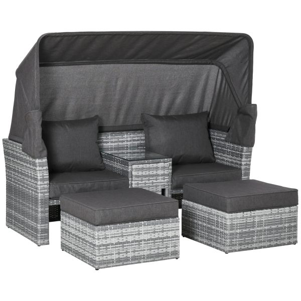 PE Rattan Daybed 2-Seater Sofa Footstool Tempered Glass Table