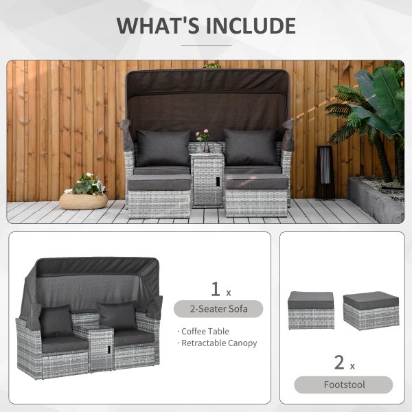 PE Rattan Daybed 2-Seater Sofa Footstool Tempered Glass Table - Image 4