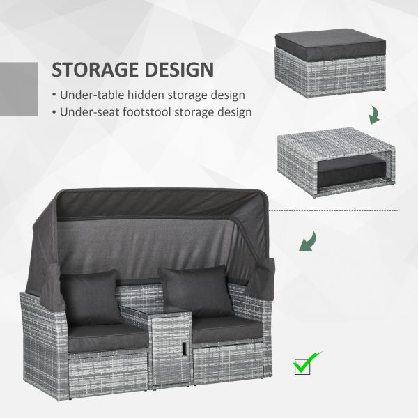 PE Rattan Daybed 2-Seater Sofa Footstool Tempered Glass Table - Image 6