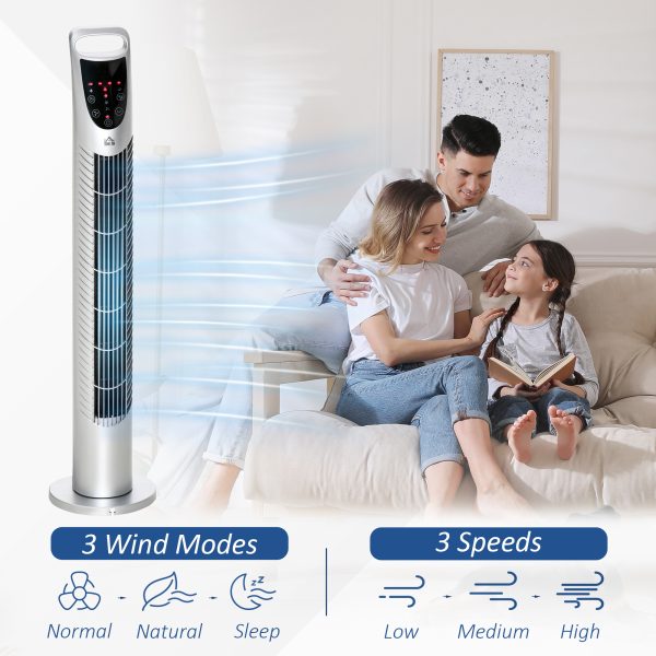 40W Wind Speed Adjustable ABS Quiet Oscillating Tower Fan w/ Remote Silver - Image 4