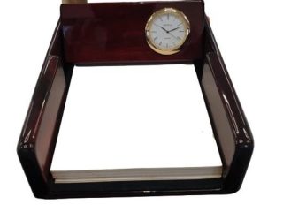 Miniature Clock With Brown Notepad Holder Solid wood IMP201 - CLEARANCE NEEDS RE-BATTERY