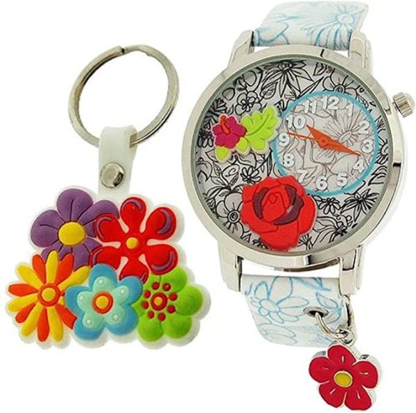 Time Design Kids Children Quartz Analogue Floral Watch Key Ring Set TDX4526 - CLEARANCE NEEDS RE-BATTERY