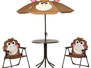 Kids Foldable Four-Piece Garden Set Table, Chairs, Umbrella
